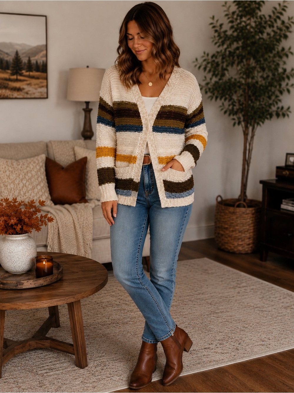 Striped Open-Front Knit Cardigan